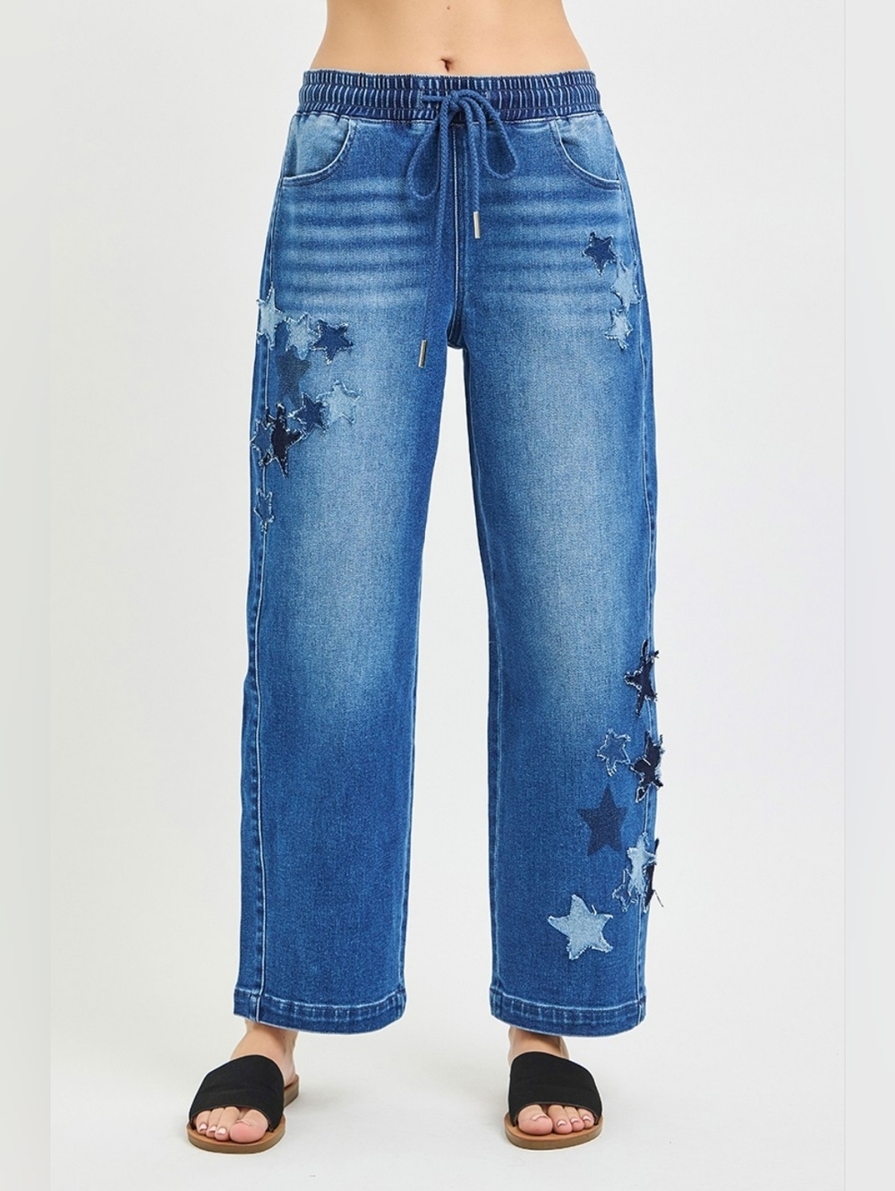 RISEN HR Dark Wash Slouchy Barrel Jeans Star Patch Elastic Waist Various NEW - Picture 7 of 7